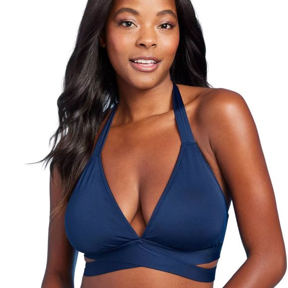 Women's Faux Wrap Halter Bikini Top Kona Sol Navy Blue D/DD Cup - Picture 1 of 4
